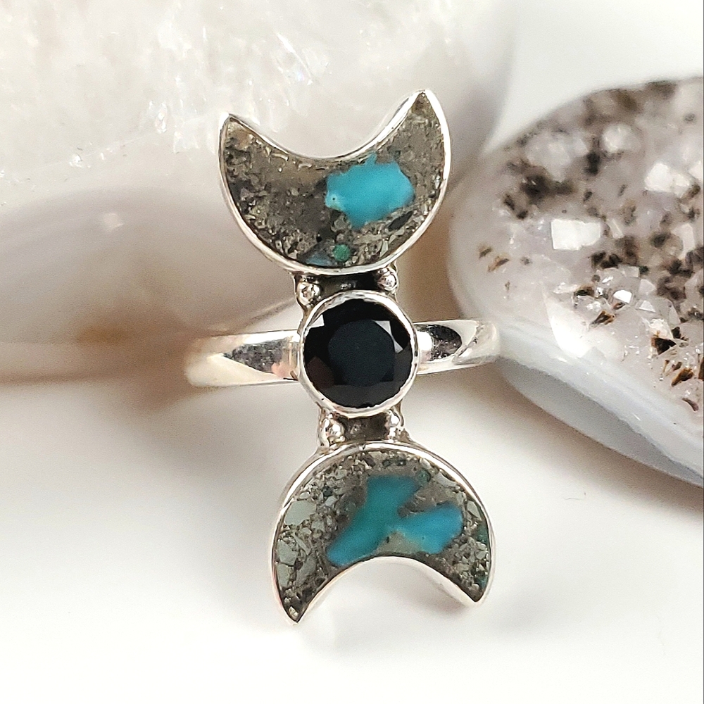 Sterling Silver Double Crescent Moon Turquoise Pyrite & Onyx Crawler Ring Size 7